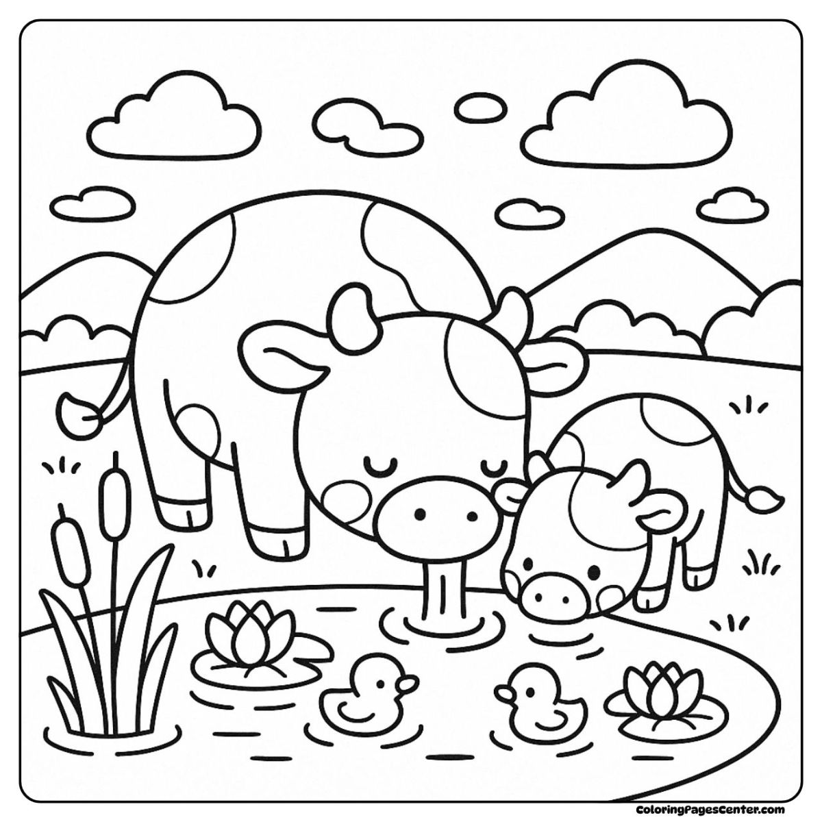 Cow and calf coloring page drinking near pond with ducks
