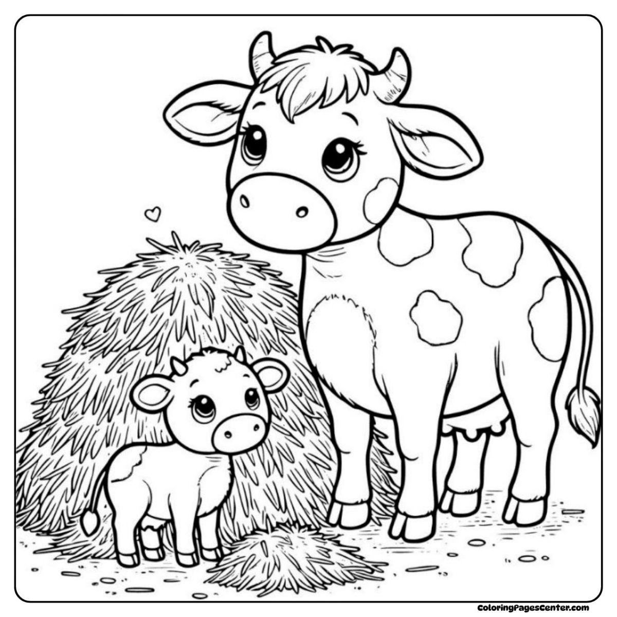 Cow and calf coloring page with a big pile of hay