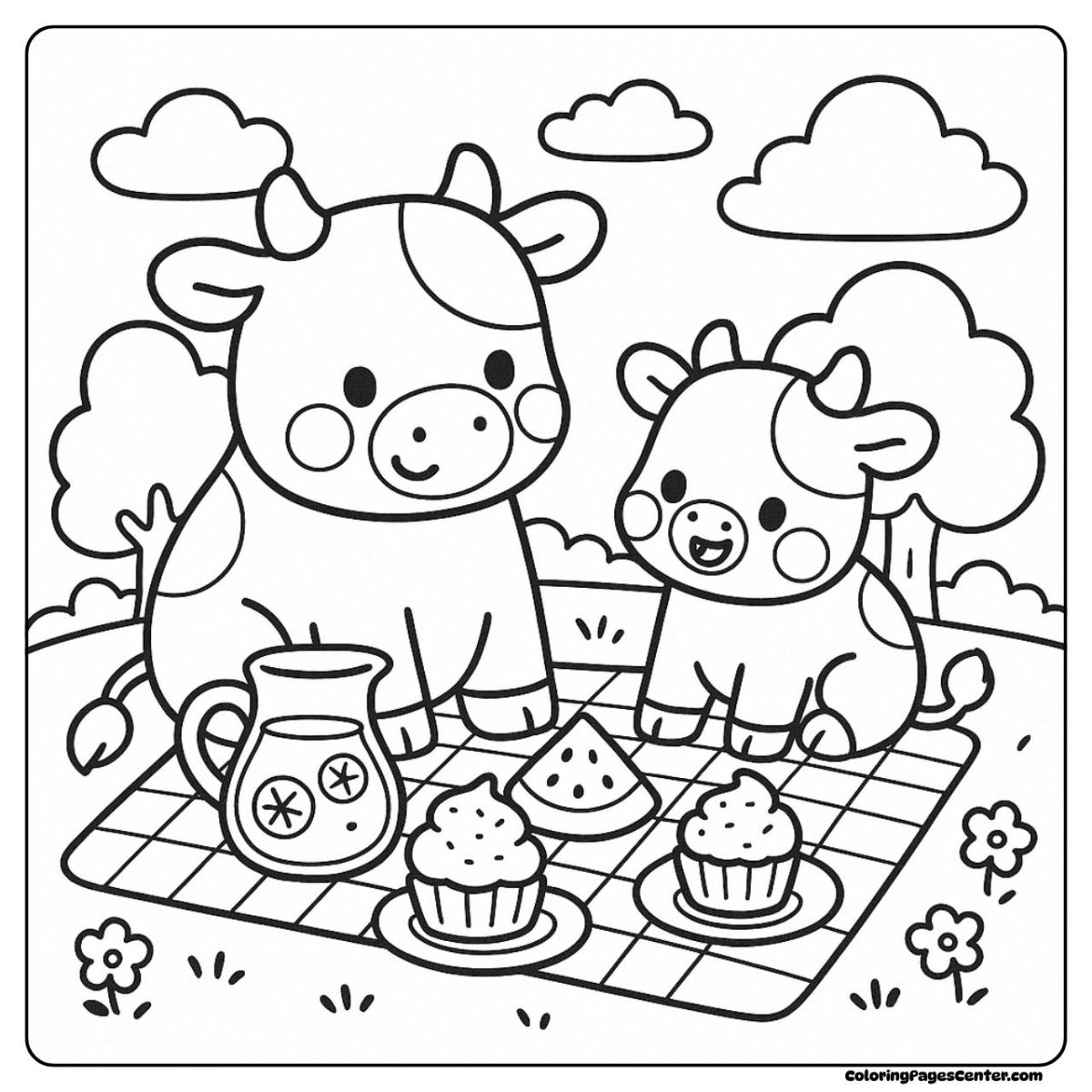 Cow and calf coloring page enjoying a happy picnic