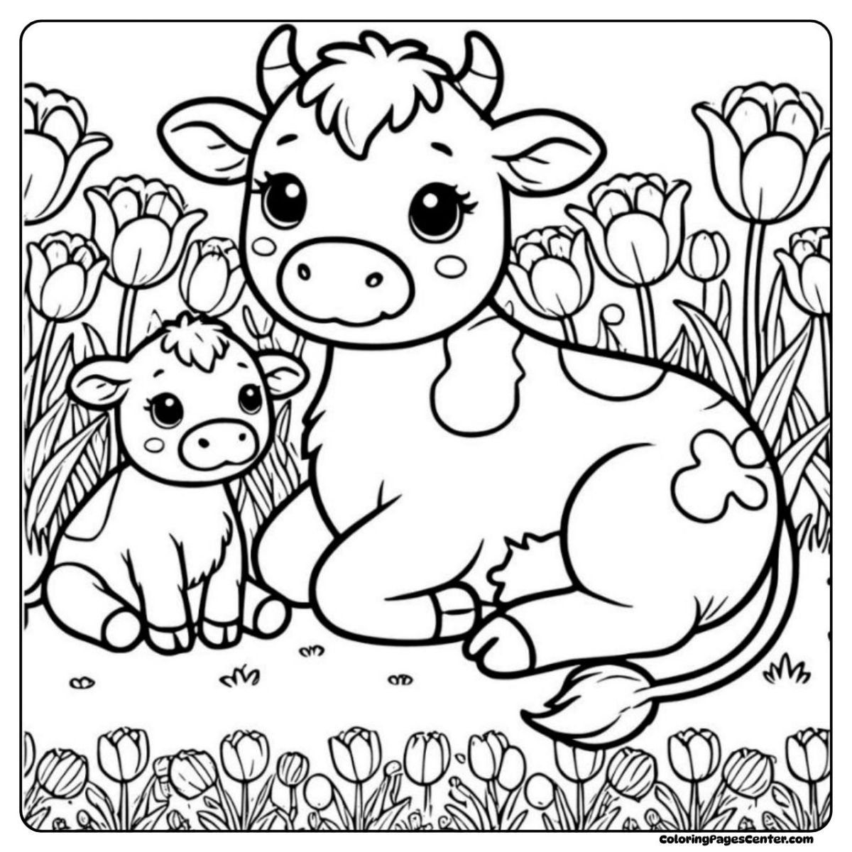 Cow and calf coloring page sitting in tulip garden
