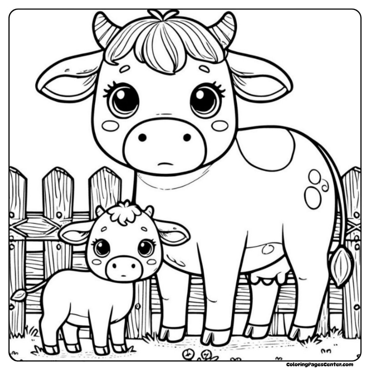 Cow and calf coloring page by country-style fence