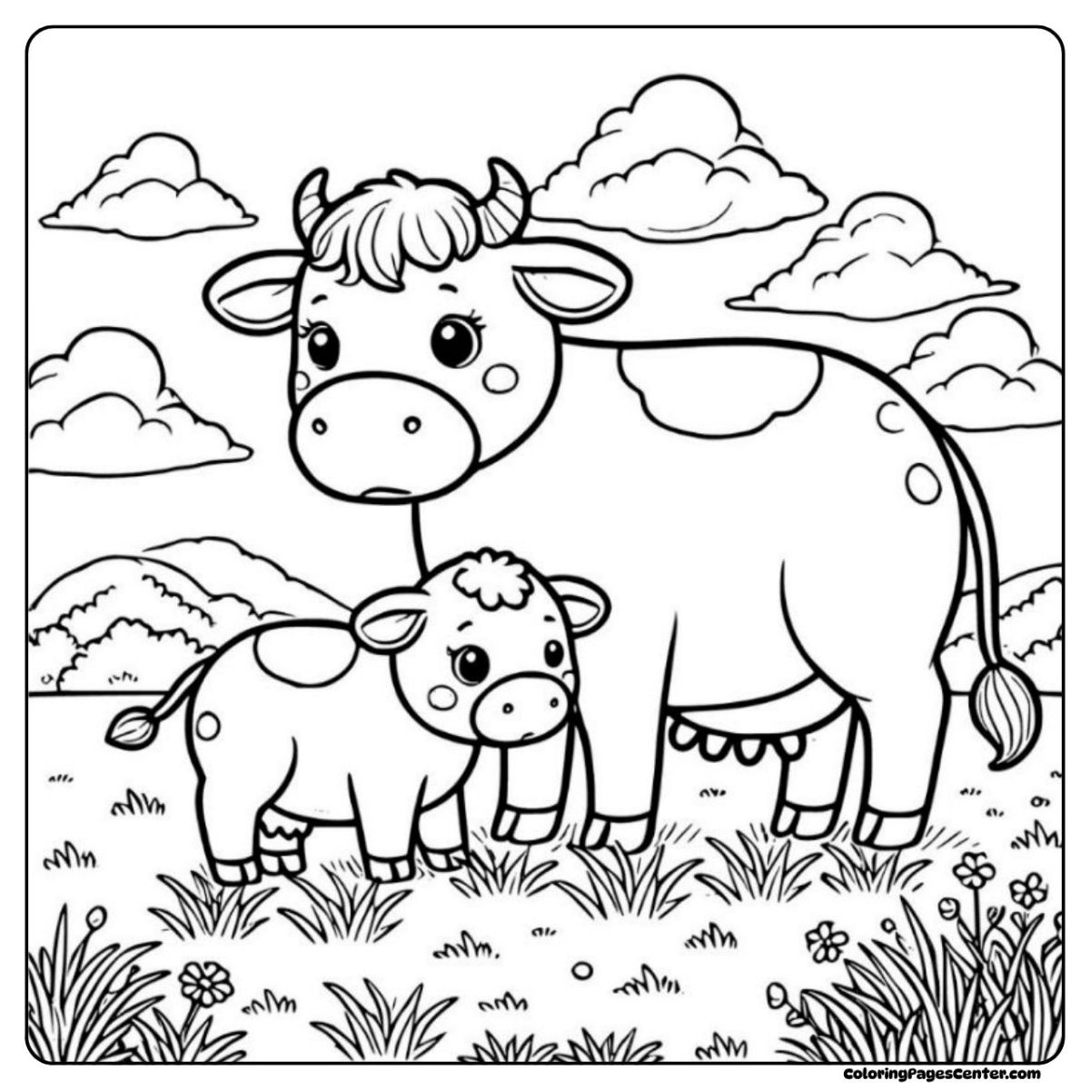 Cow and calf coloring page standing in a meadow
