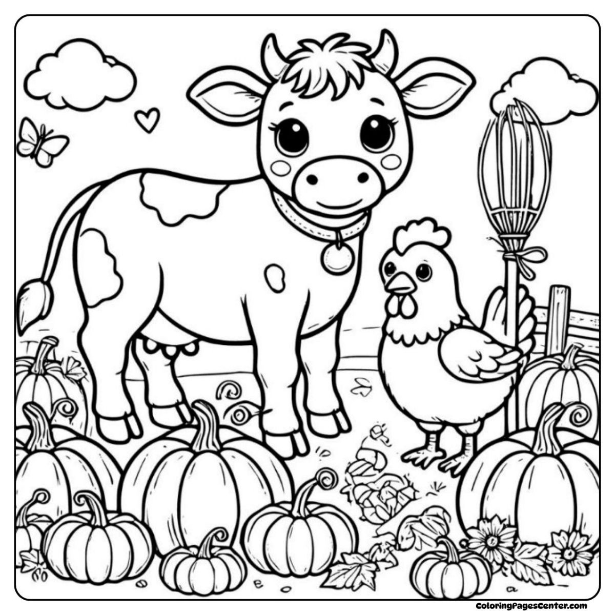 Cow and chicken coloring pages in a pumpkin-filled autumn field Cow and chicken coloring pages picking pumpkins and autumn leaves