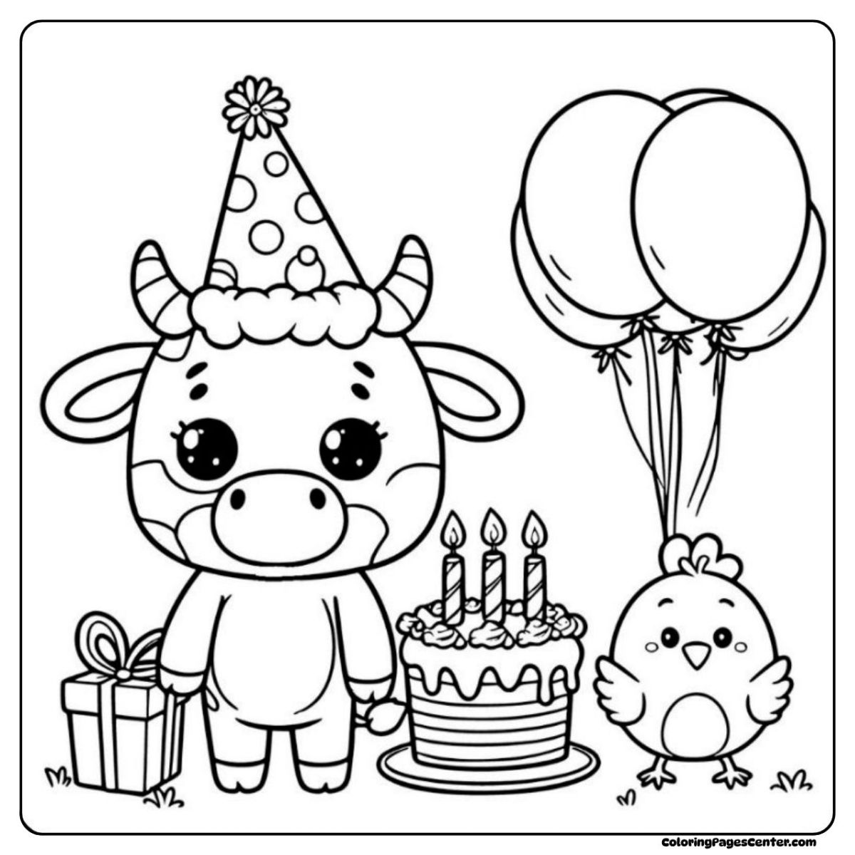 Cow and chicken coloring pages cake, balloons, and birthday cheer