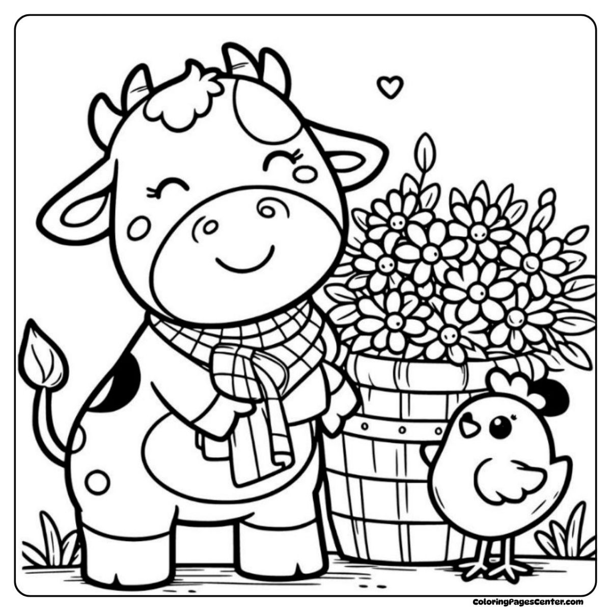 Cow and chicken coloring pages with flowers in full bloom