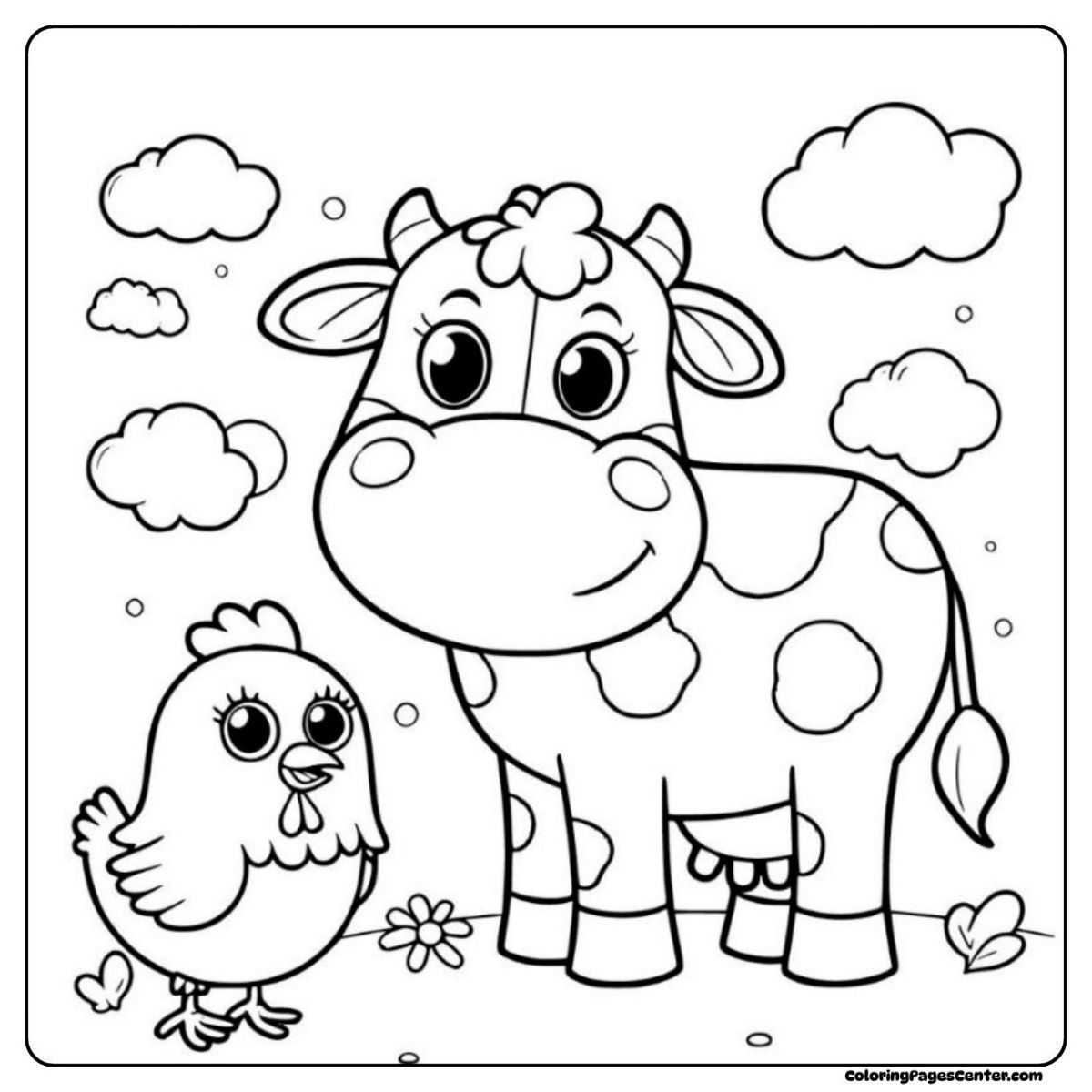 Cow and chicken coloring pages cloudy day with gentle green fields Cow and chicken coloring pages friends under soft, fluffy clouds