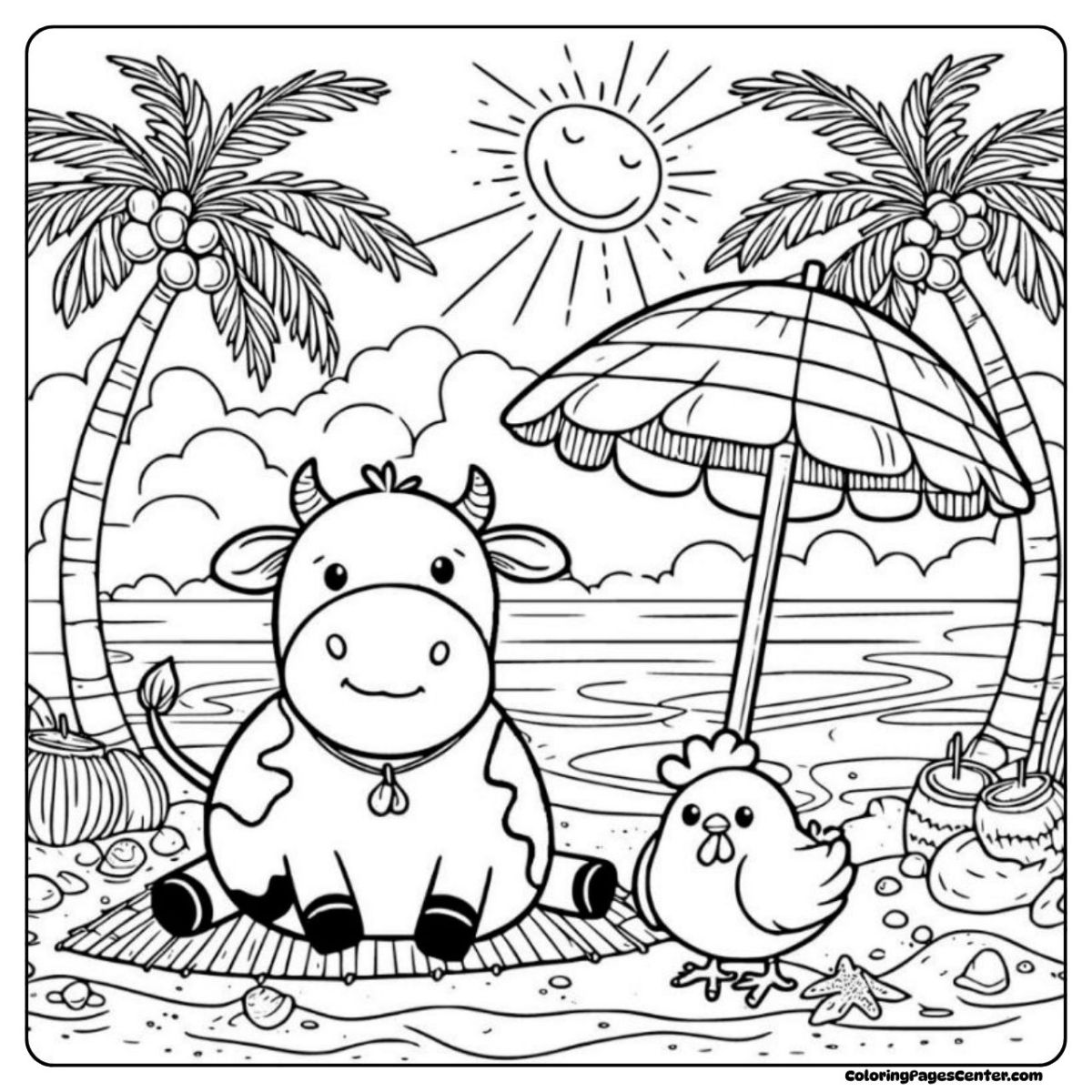 Cow and chicken coloring pages with coconut trees and sunshine