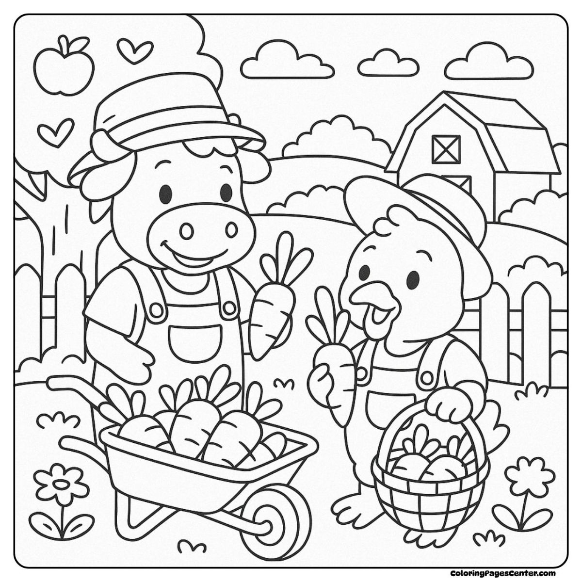 Cow and chicken coloring pages with a fun carrot harvest day Cow and chicken coloring pages—farm friends gathering fresh carrots
