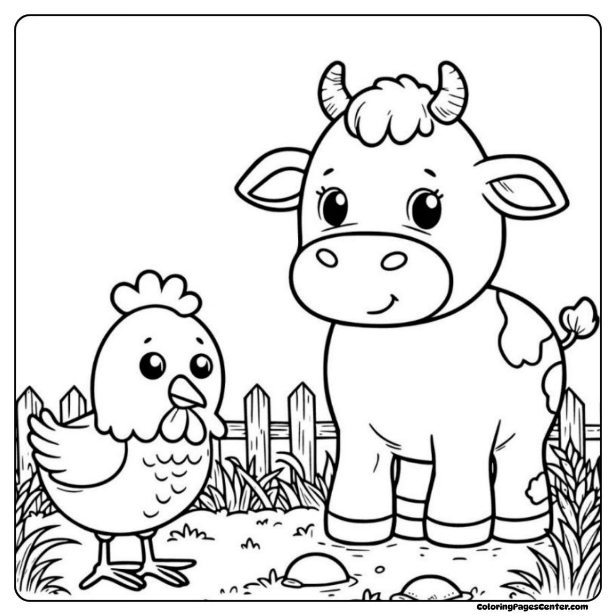 Cow and chicken coloring pages with a wooden fence and grass