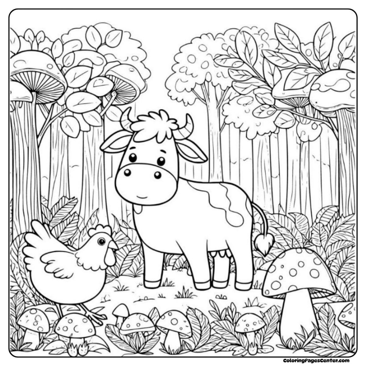 Cow and chicken coloring pages with mushrooms and tall trees