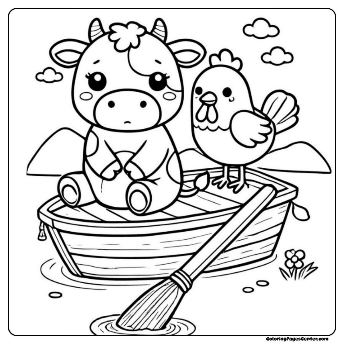 Cow and chicken coloring pages floating gently on a quiet lake