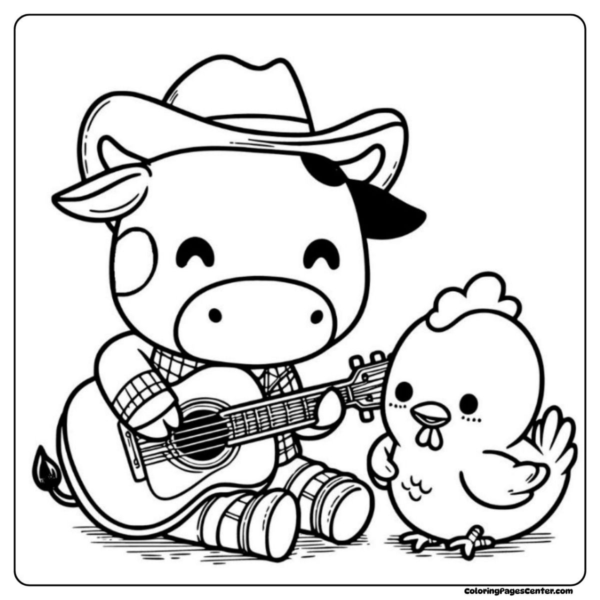 Cow and chicken coloring pages outdoor music and fun together Cow and chicken coloring pages cowboy cow plays a happy tune