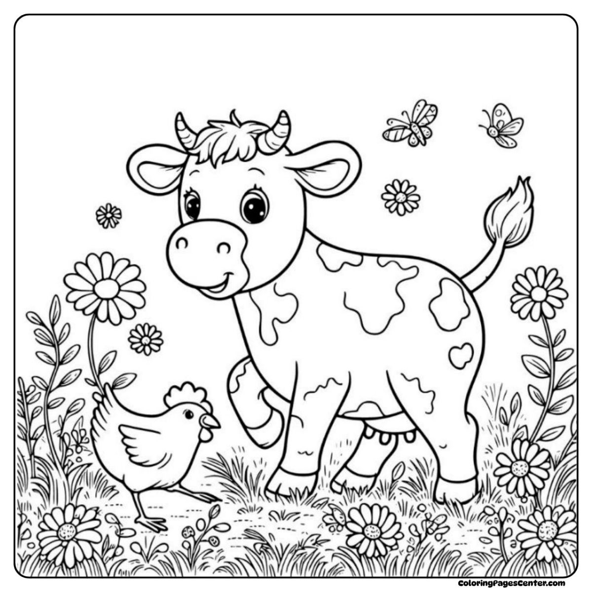 Cow and chicken coloring pages playing in a sunny spring meadow Cow and chicken coloring pages meadow fun with butterflies