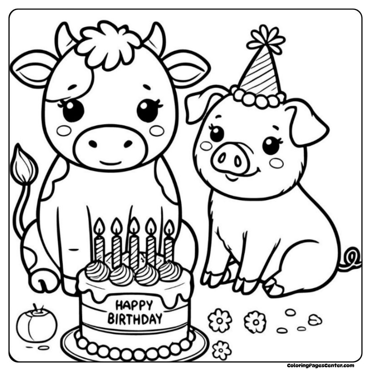 Cow and pig birthday coloring page with candles and happy moments Happy birthday cow and pig coloring page with a cake full of candles