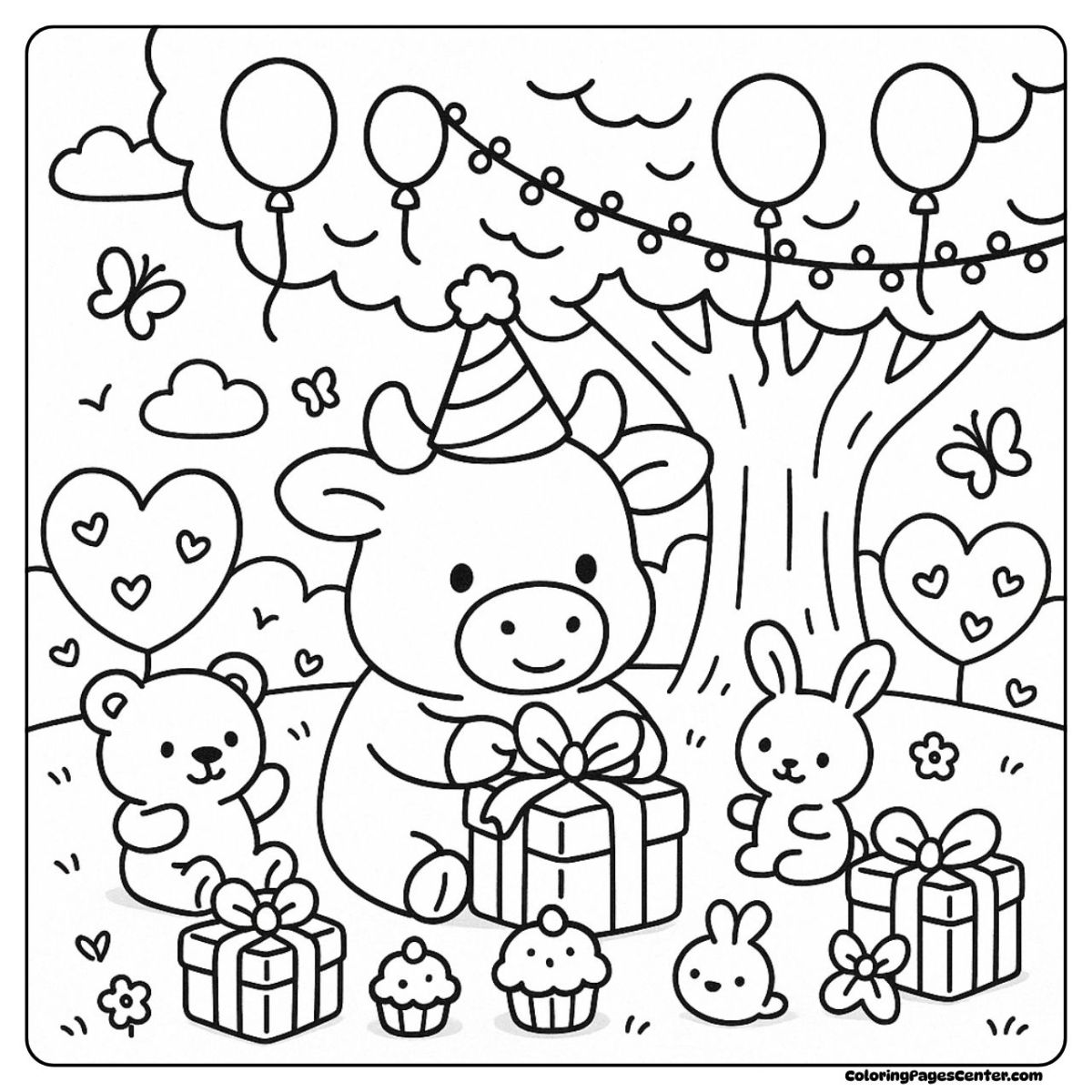 Cow coloring page for birthday fun, surrounded by presents and bunny friends