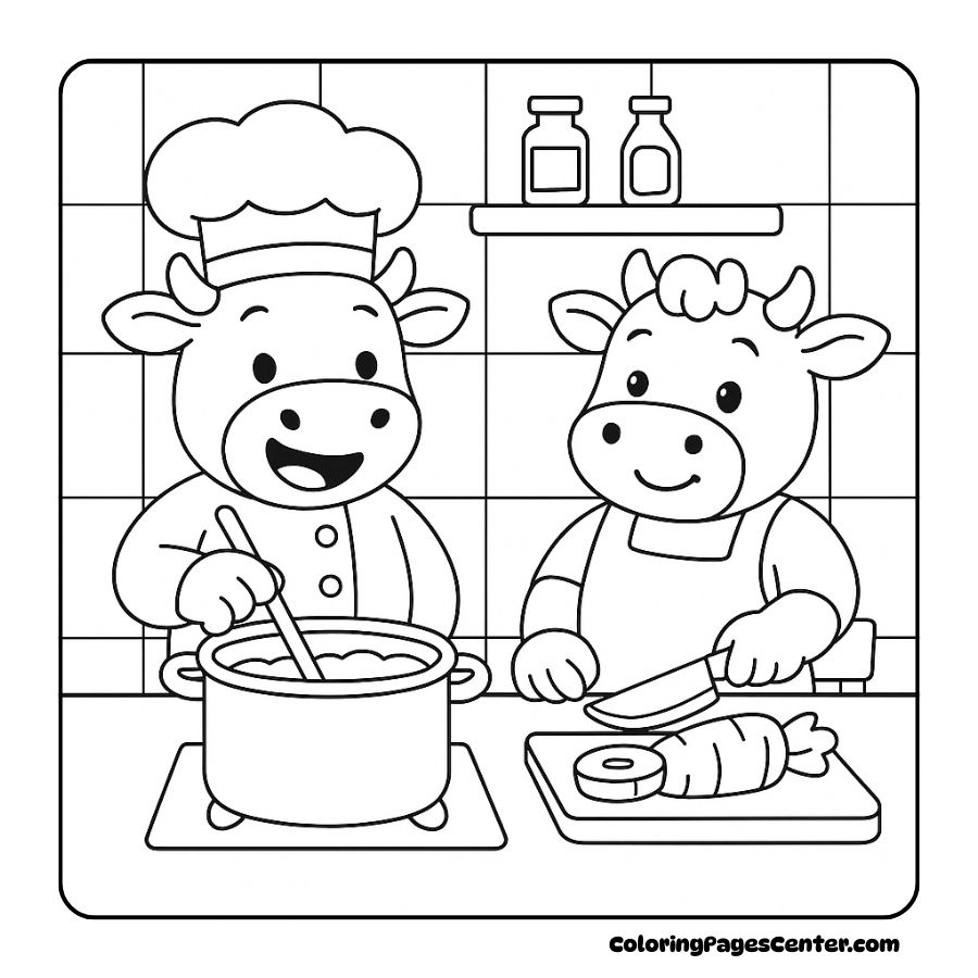 Cow coloring pages with chef cows making a meal