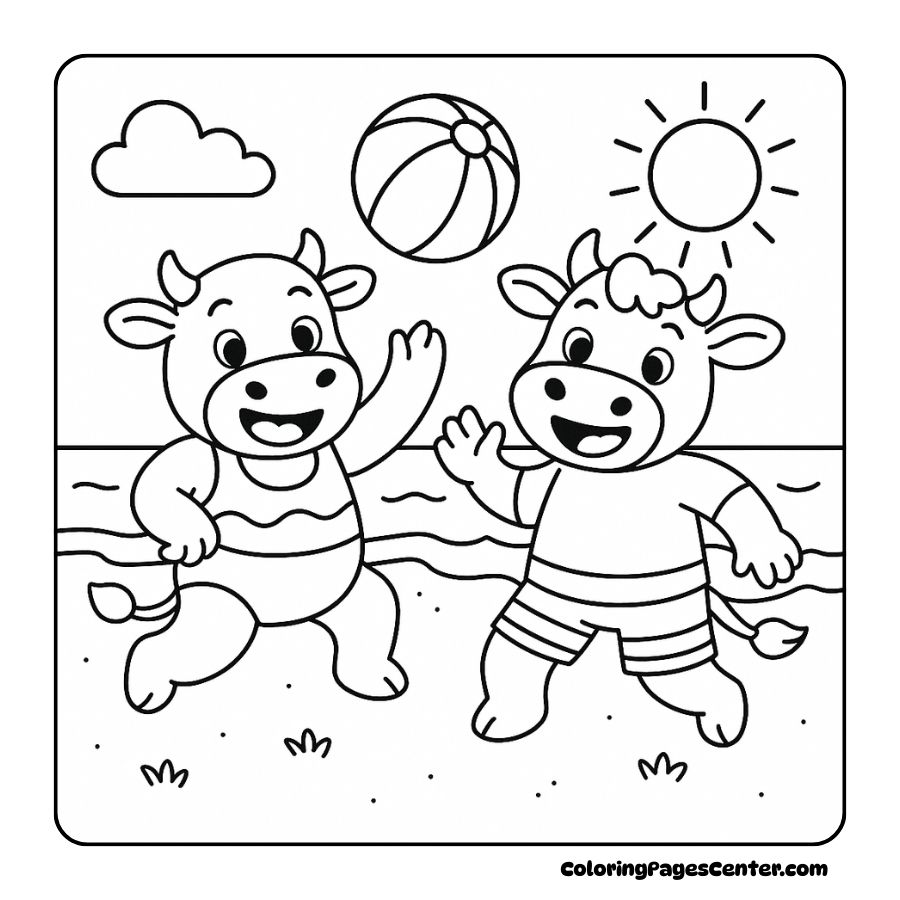 Cow coloring pages of cows playing ball at the beach