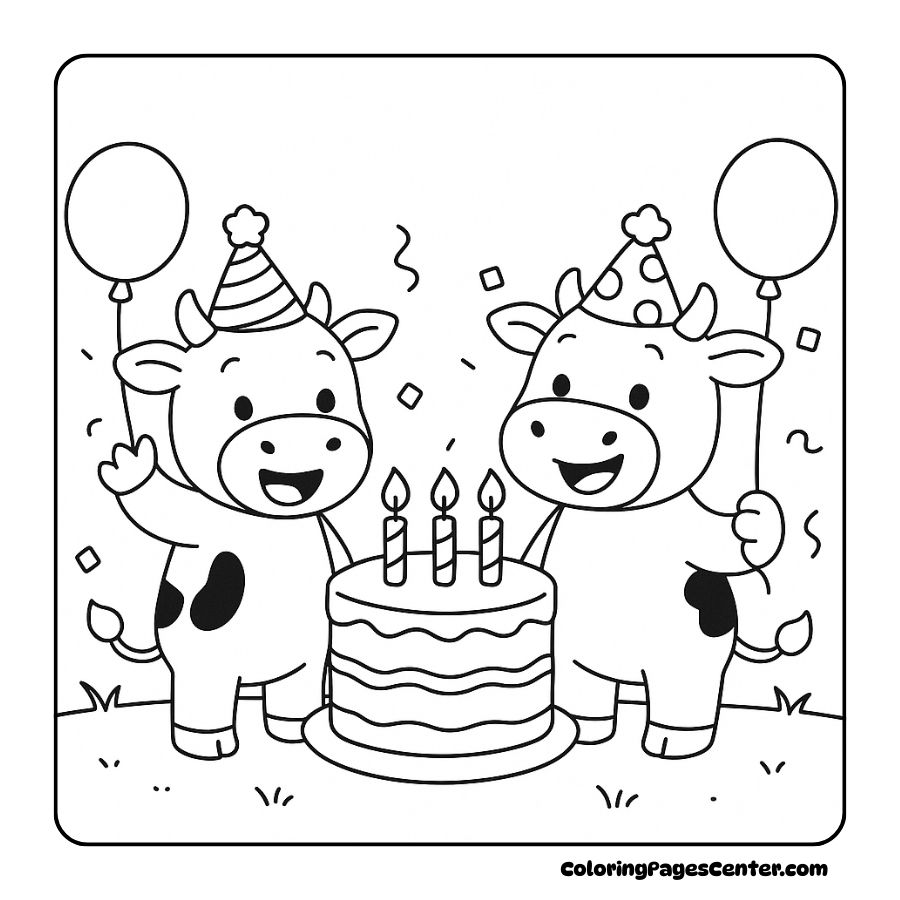 Cow coloring pages showing a birthday celebration scene