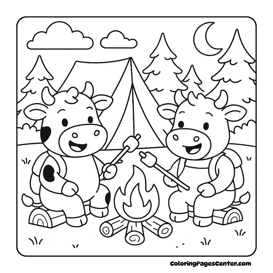 Cow coloring pages featuring a nighttime camping scene
