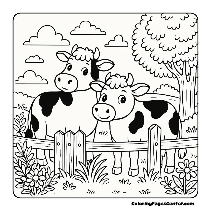 Cow coloring pages with trees, flowers, and a wooden fence