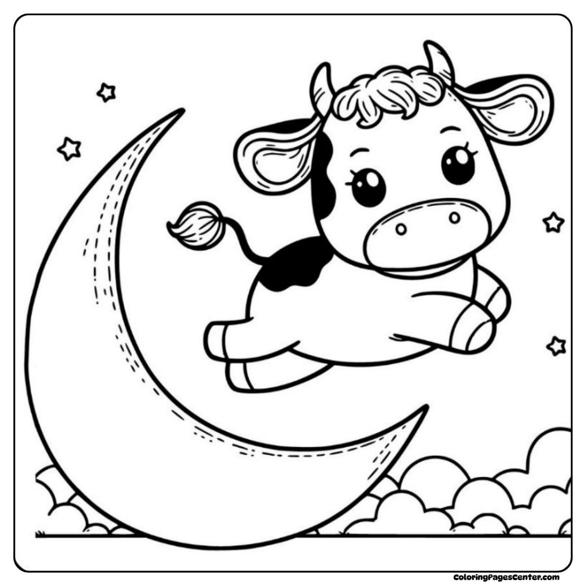 Cow elegantly mid-leap over the moon in a calm midnight sky Gentle cow leaping over the moon in a cool coloring scene