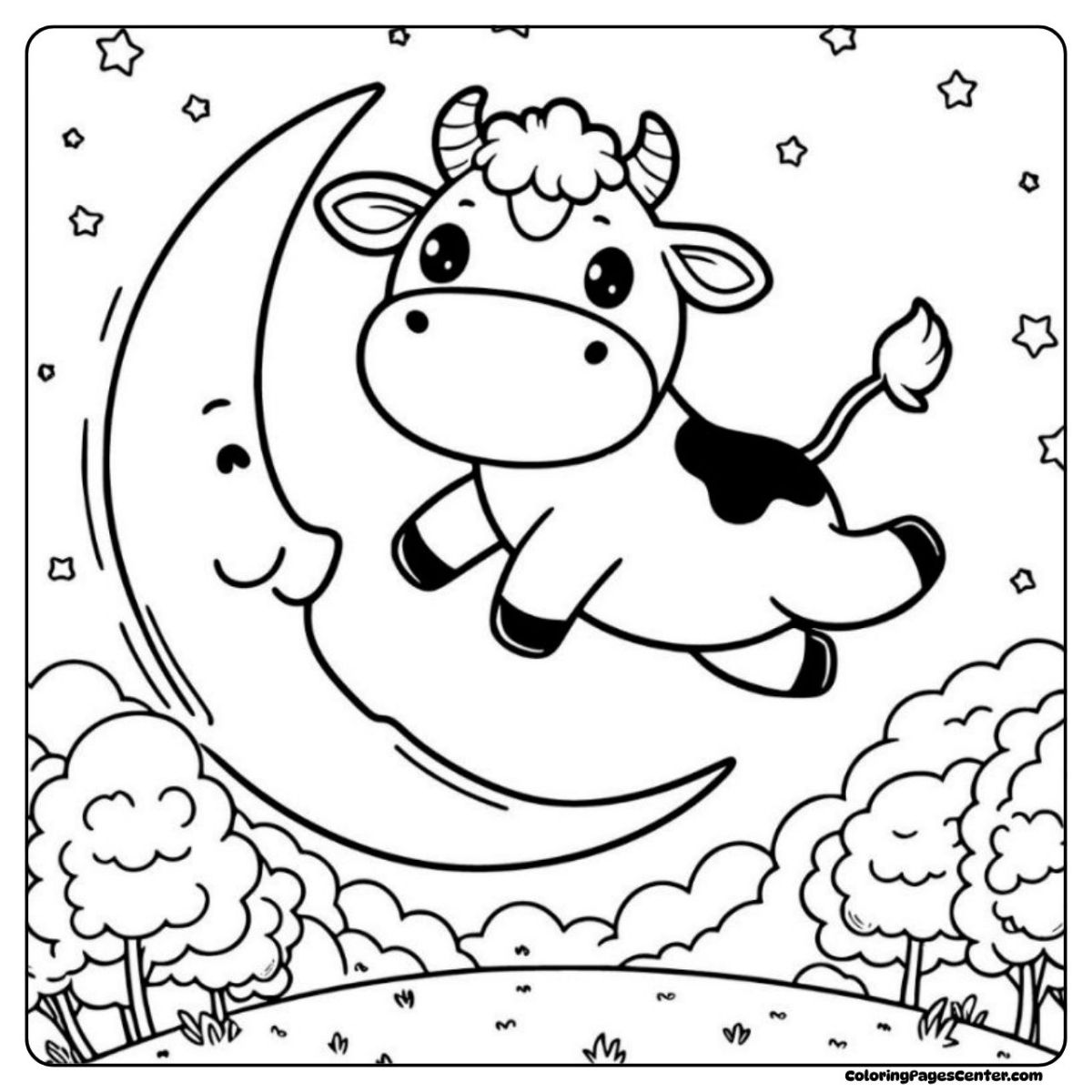 Cow flying above smiling moon and forest in this fun coloring picture