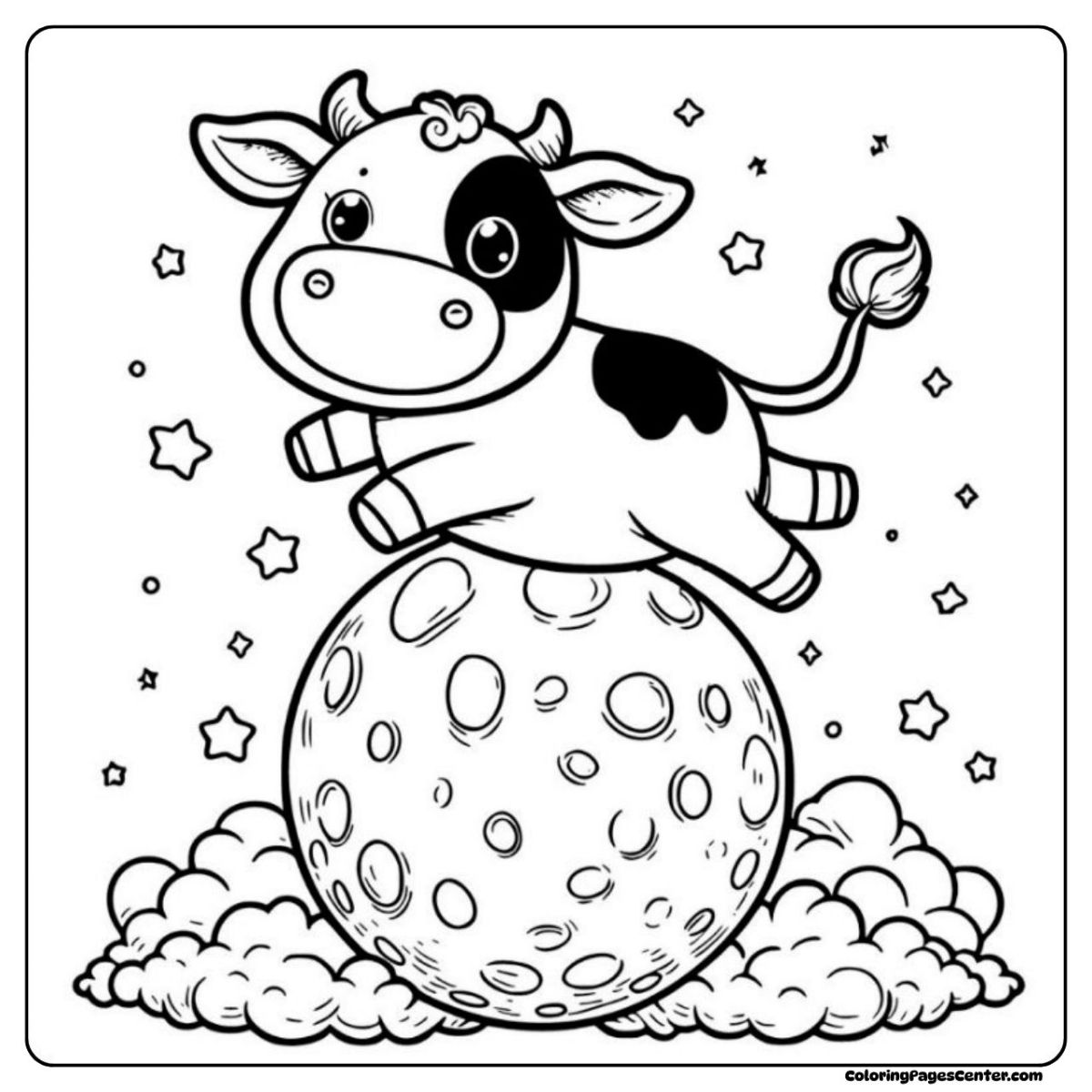 Adorable cow jumping over the moon coloring page with stars and clouds