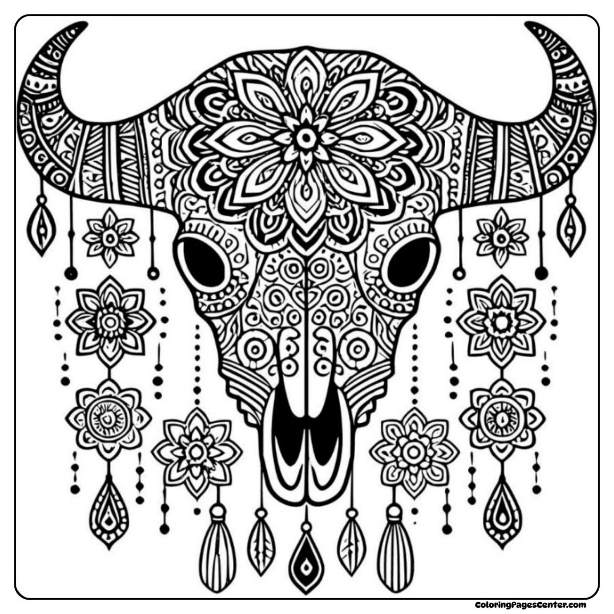 Cow skull coloring page featuring mandalas, jewels, and hanging dreamcatchers