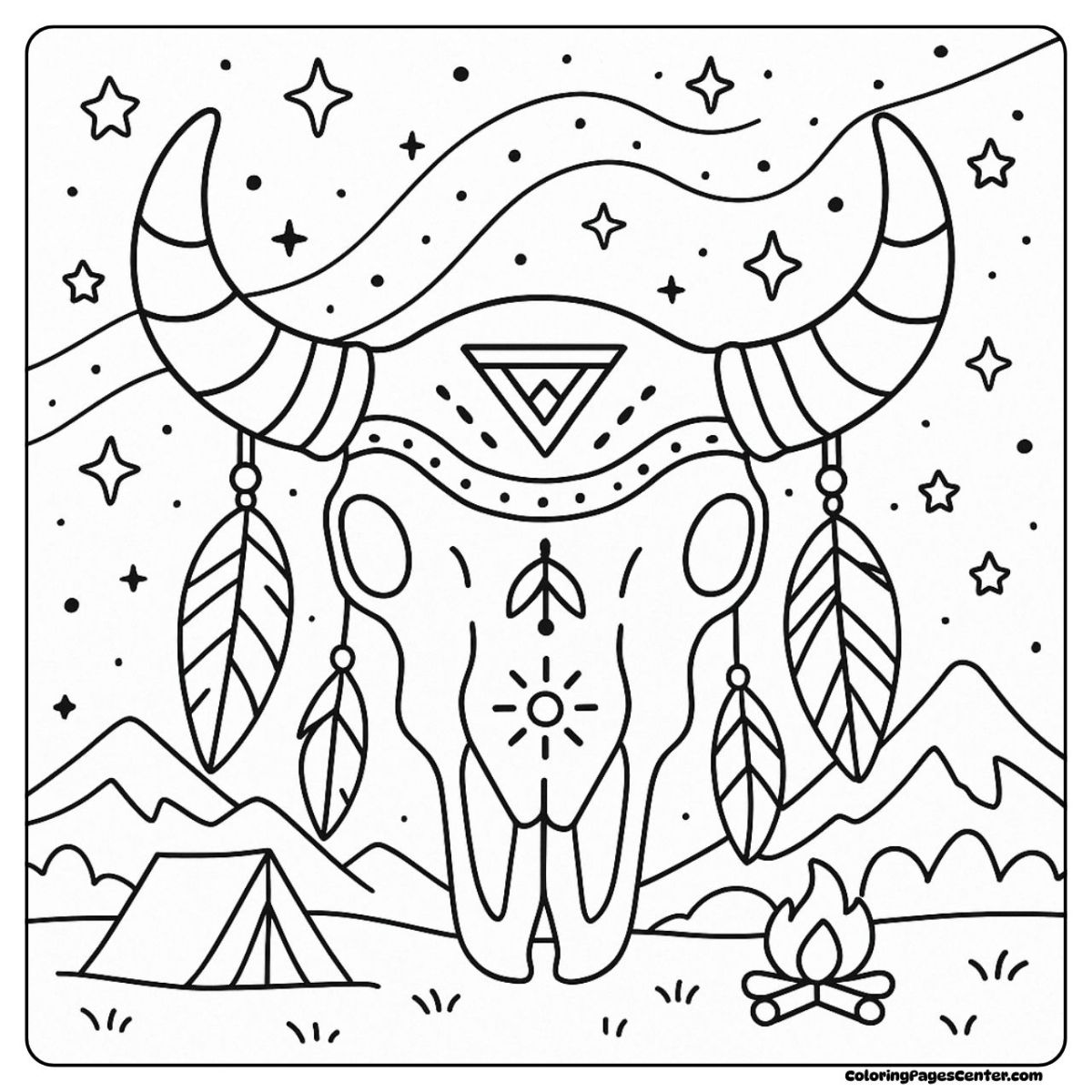 A cow skull coloring page decorated with feathers and sparkling night sky