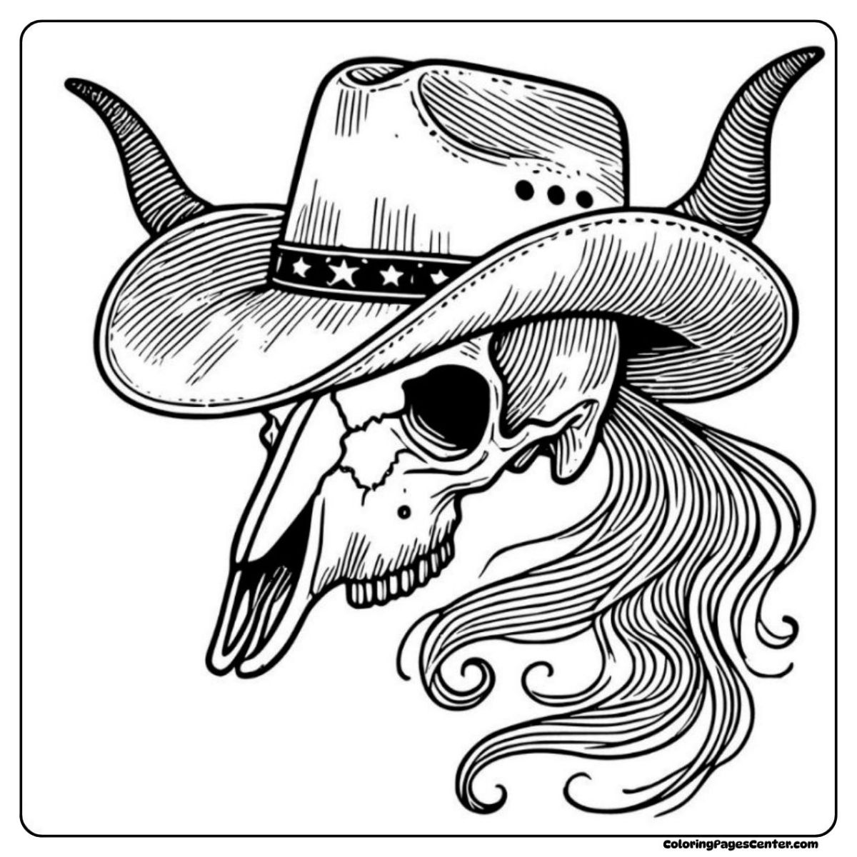 Cow skull coloring page topped with a western hat and long, swirling hair