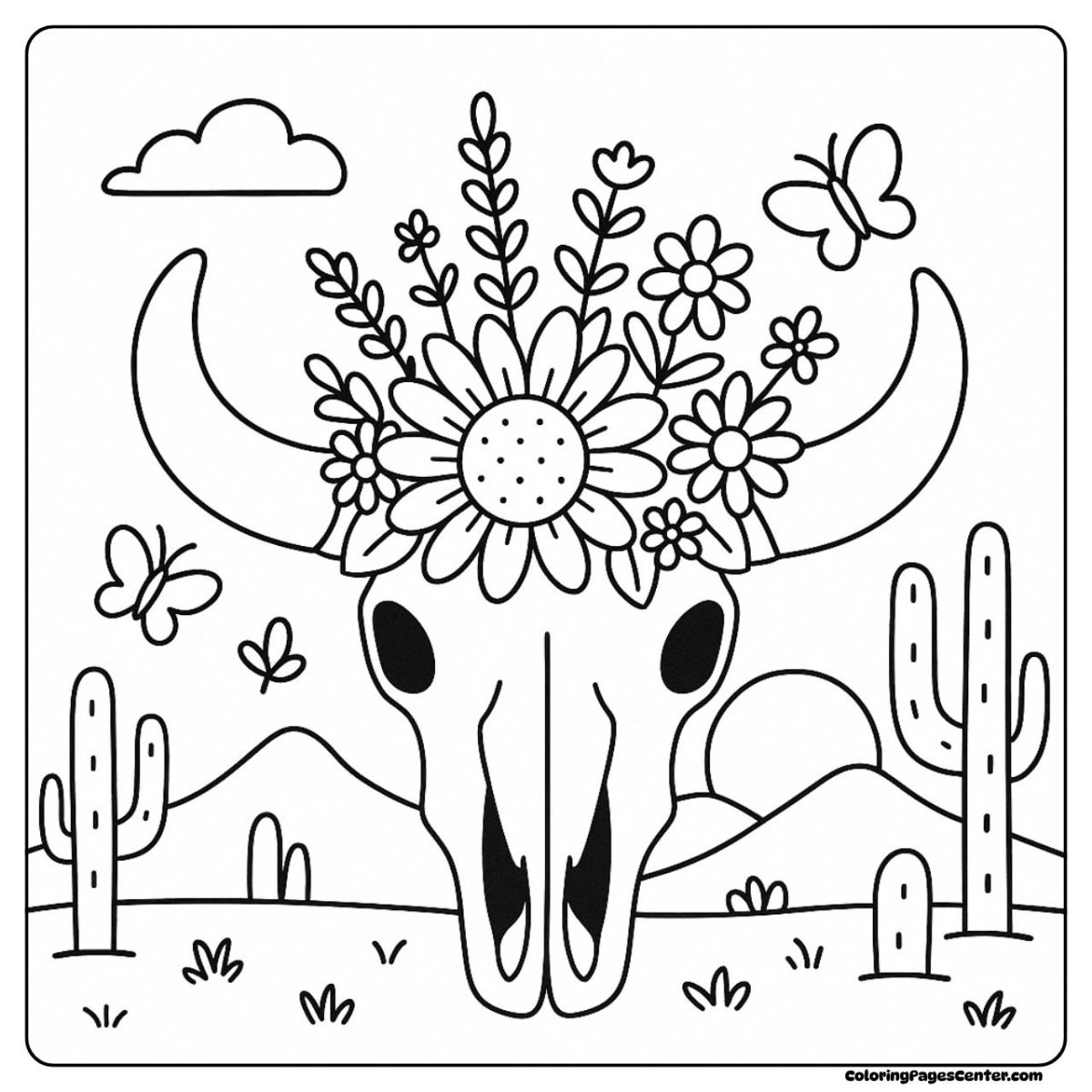Cow skull coloring page with blooming desert flowers Cow skull coloring page surrounded by wildflowers and gentle butterflies