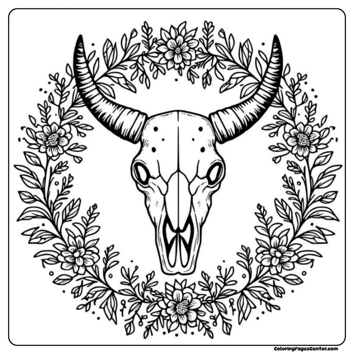 Cow skull coloring page with wildflowers and leafy branches Cow skull coloring page framed by a wreath of flowers and gentle leaves