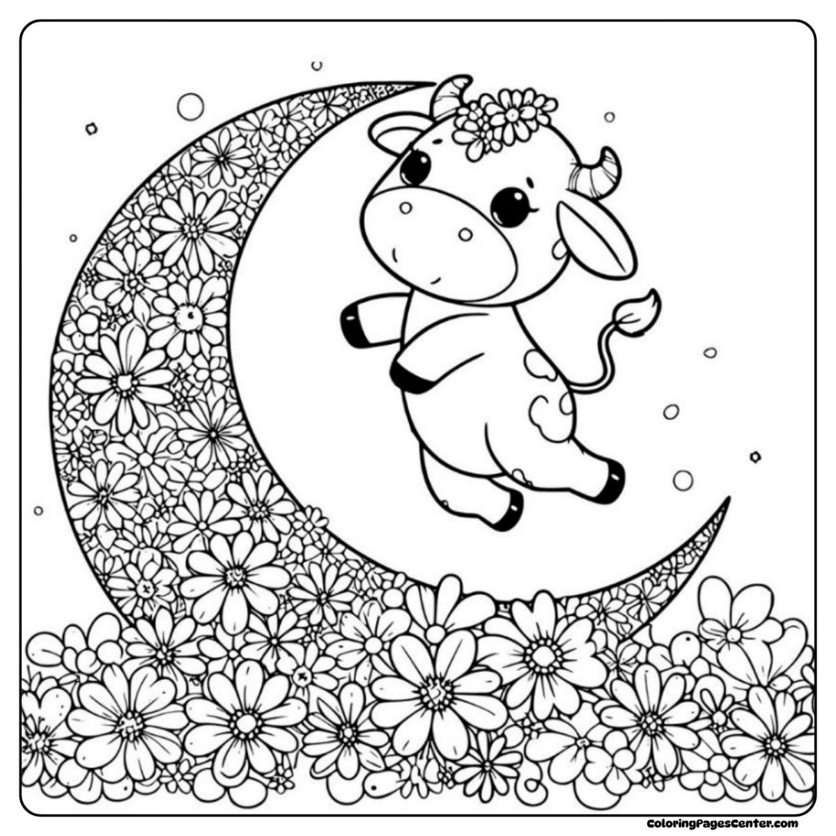 Sweet cow tip toeing over a moon with soft flower details