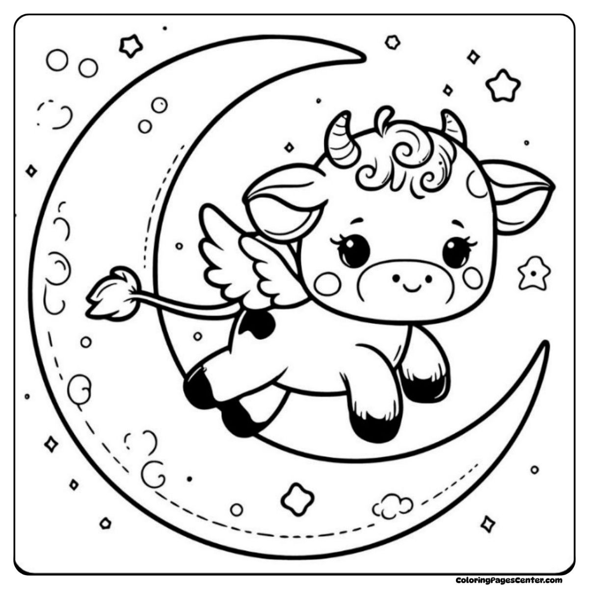 Lovely cow with small wings floating over the crescent moon