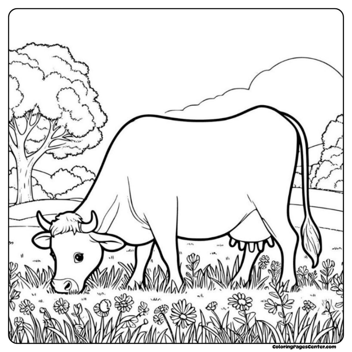 Cow without spots coloring page as she grazes in wildflower fields Cow without spots coloring page with peaceful fields and open skies