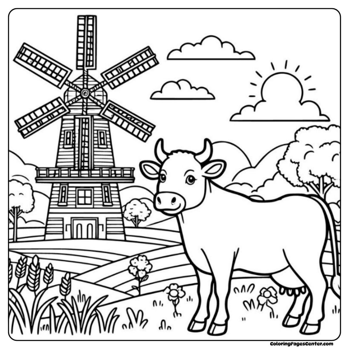 Cow without spots coloring page near fields and windmill