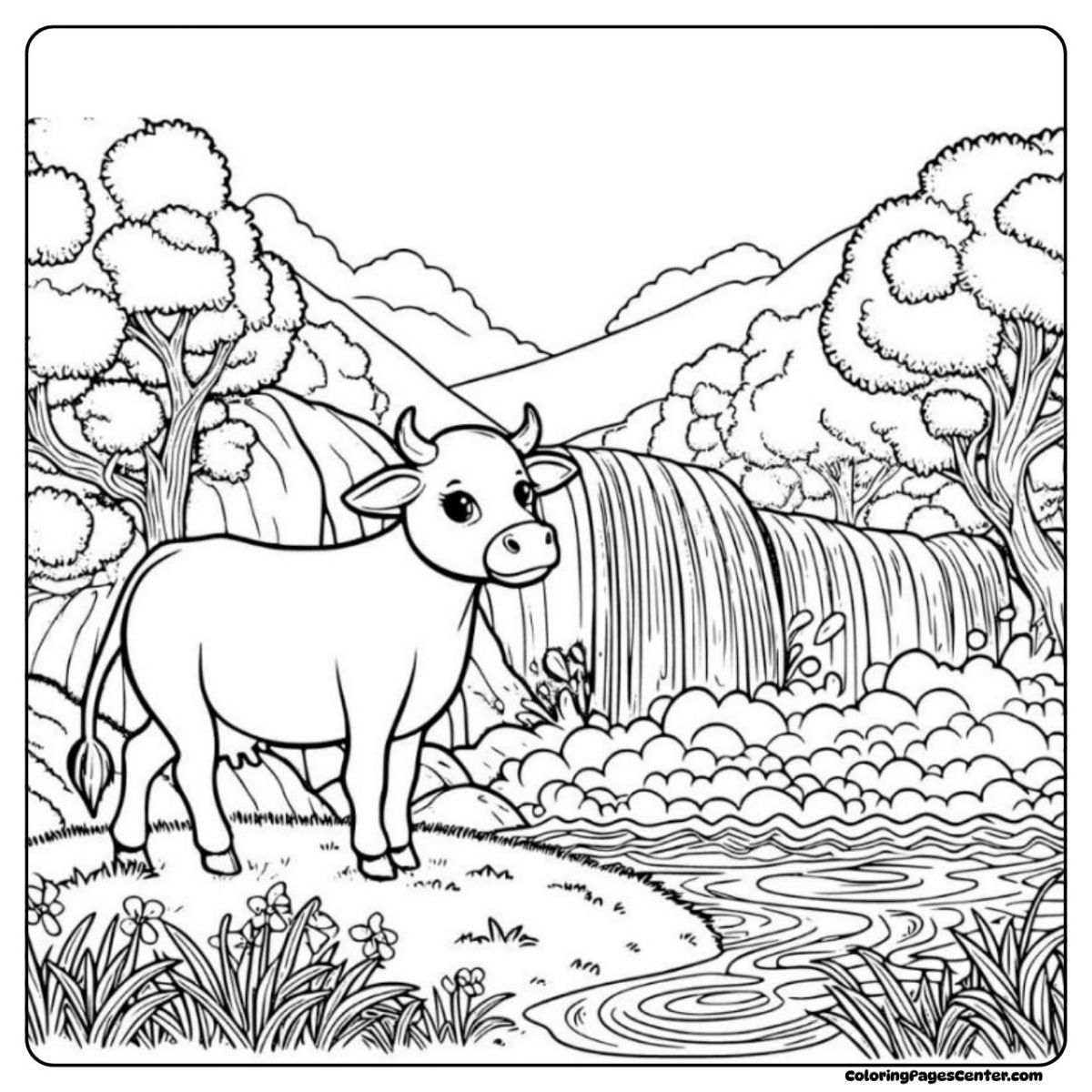 Cow without spots coloring page with lush trees and waterfall