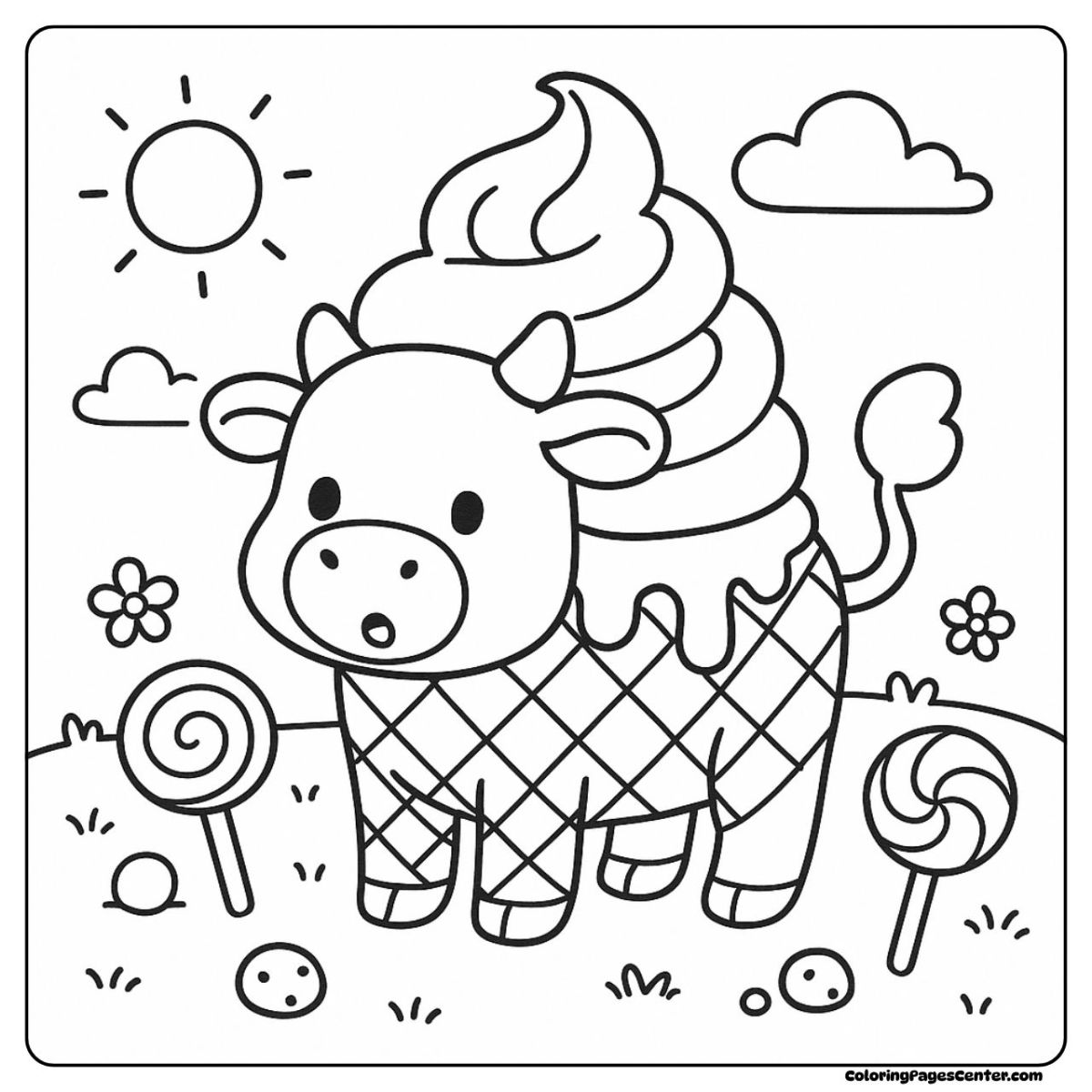 Cow without spots coloring page with candy and sunshine