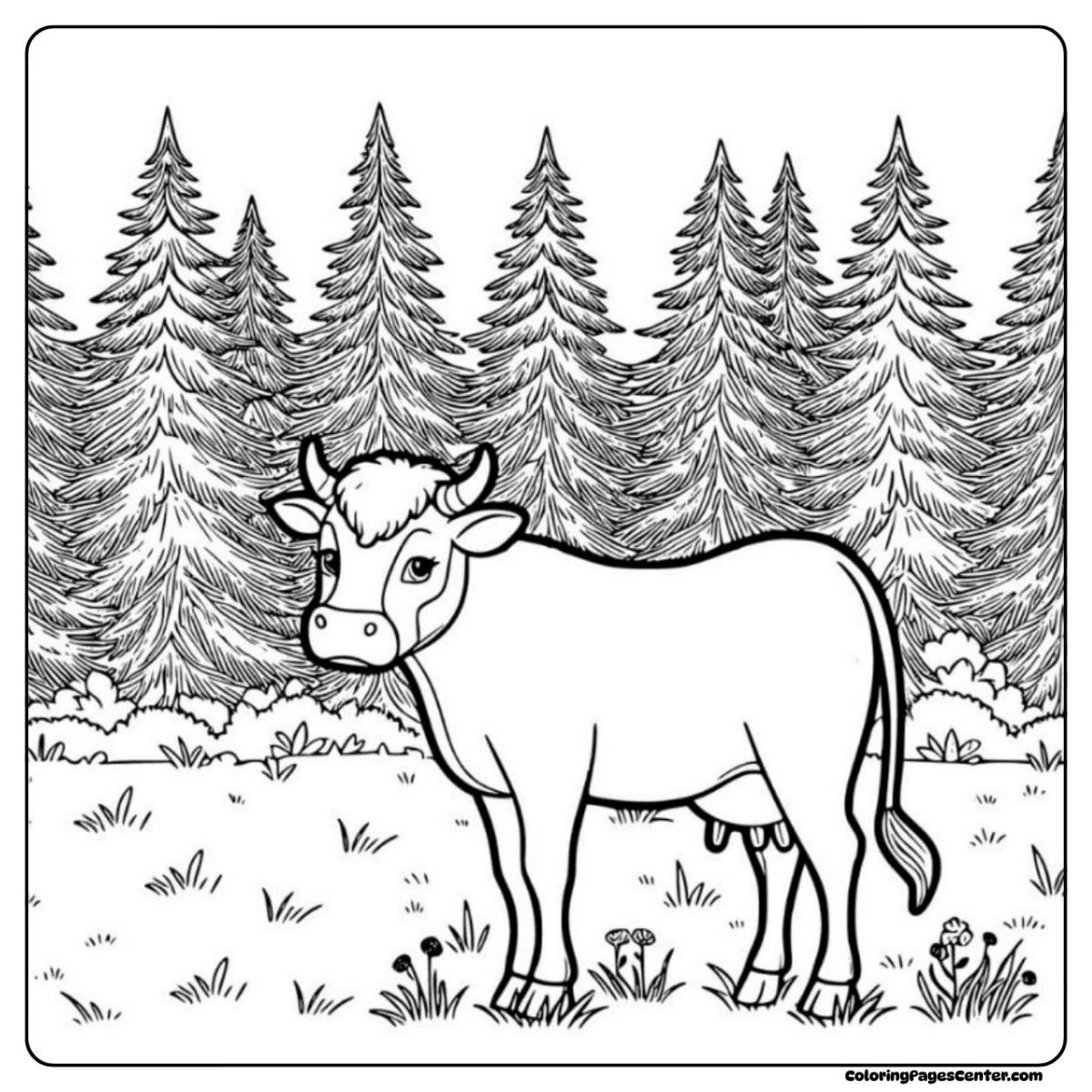 Cow without spots coloring page surrounded by tall pine trees