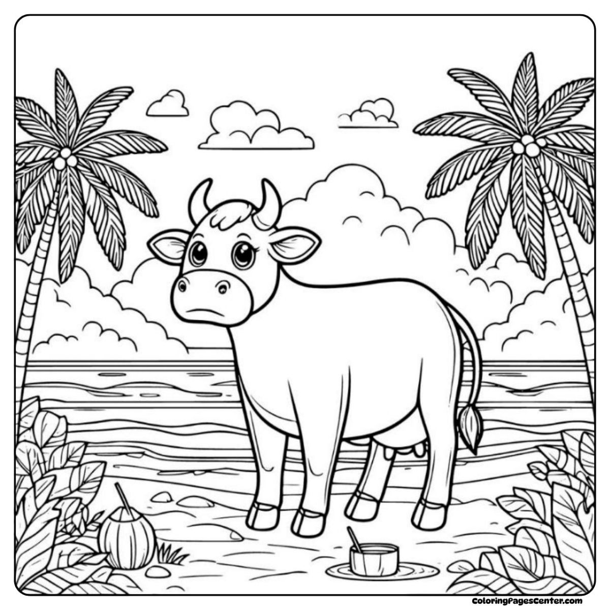 Cow without spots coloring page standing by the tropical sea
