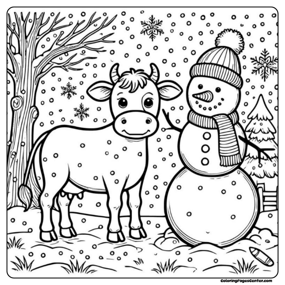 Cow without spots coloring page with snowman and winter trees
