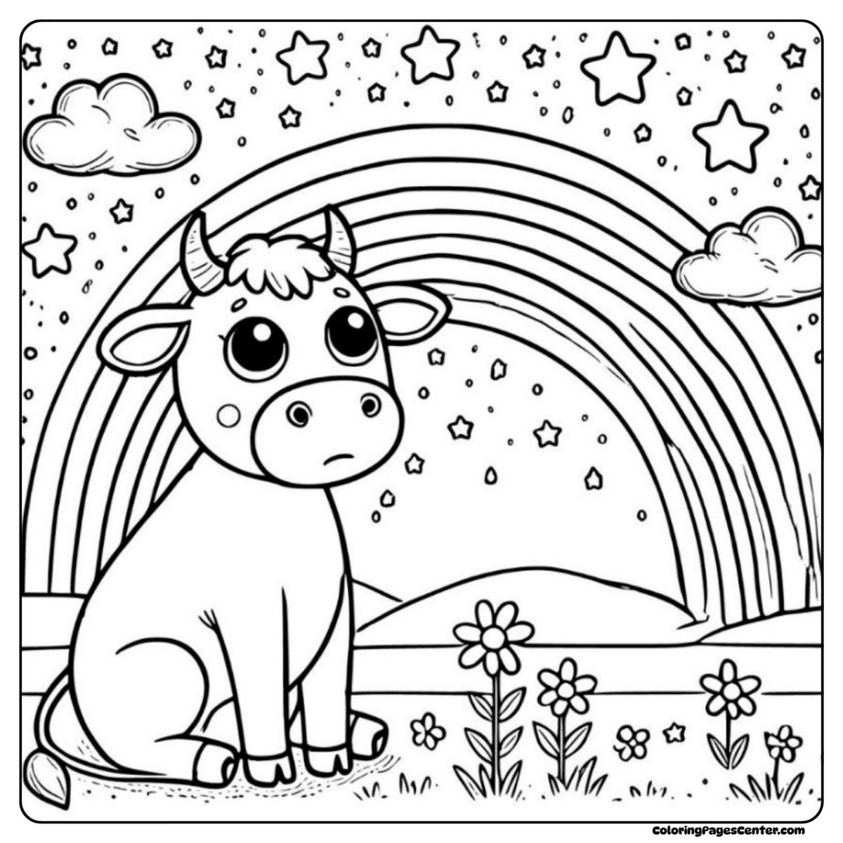 Cow without spots coloring page with rainbow and evening stars