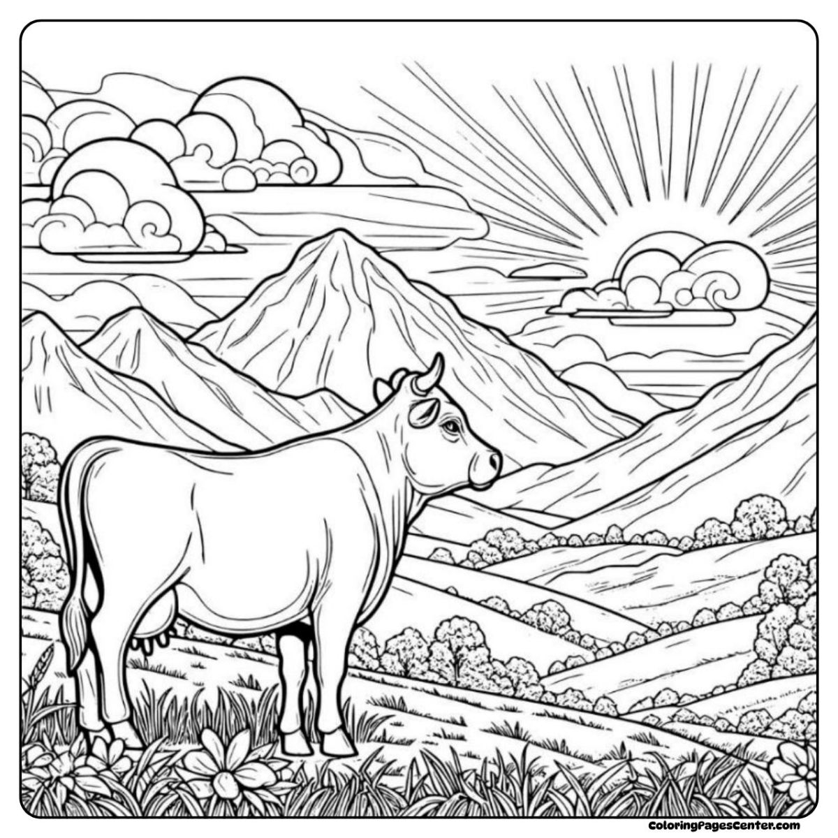 Cow without spots coloring page with glowing morning mountains