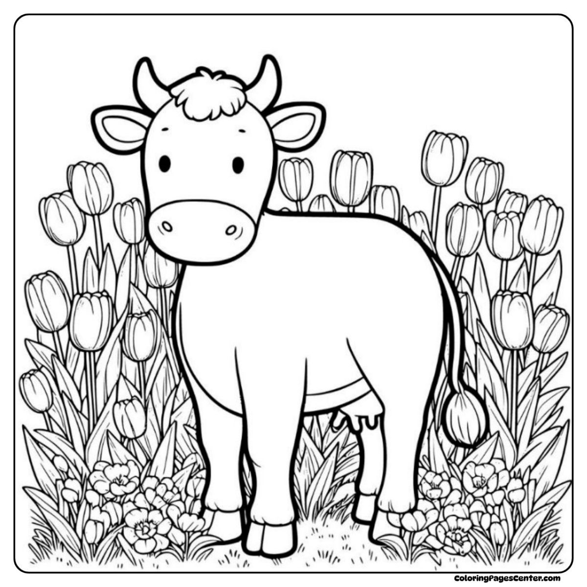Cow without spots coloring page among blooming tulips and soft grass