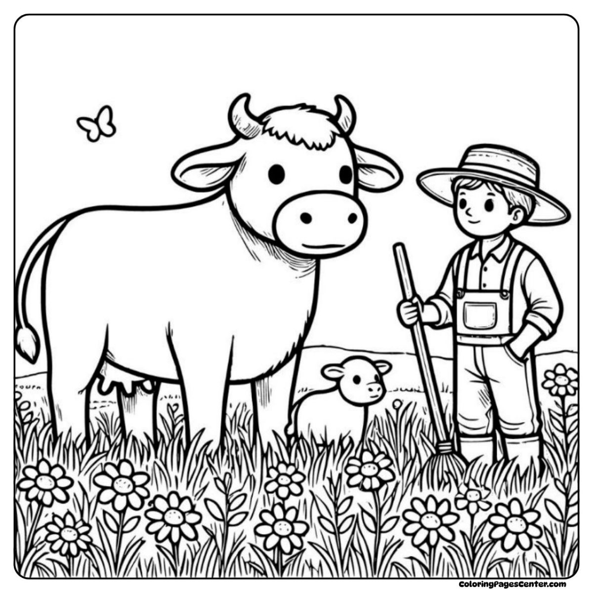 Cow without spots coloring page with farmer and happy meadow flowers