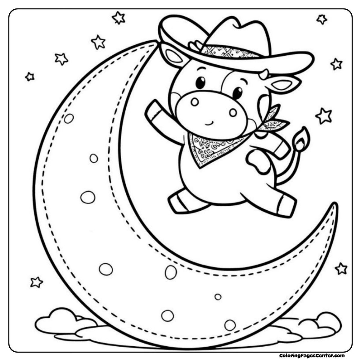Silly cowboy cow jumping over the moon coloring picture with stars