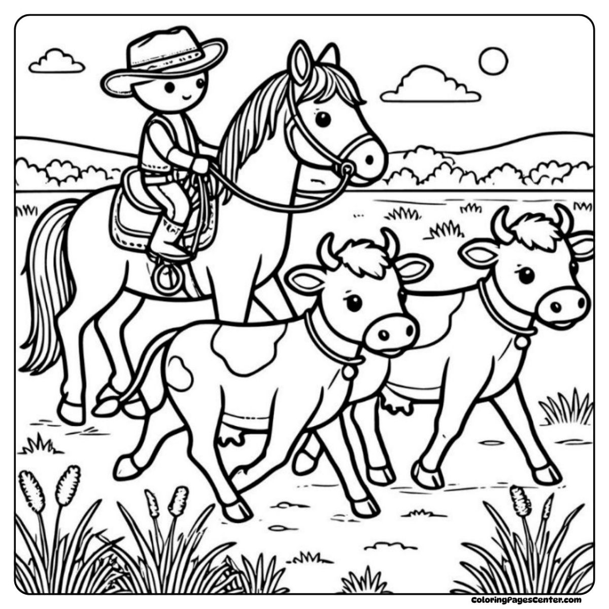 Fun horse and cow coloring sheet with cowboy and open prairie