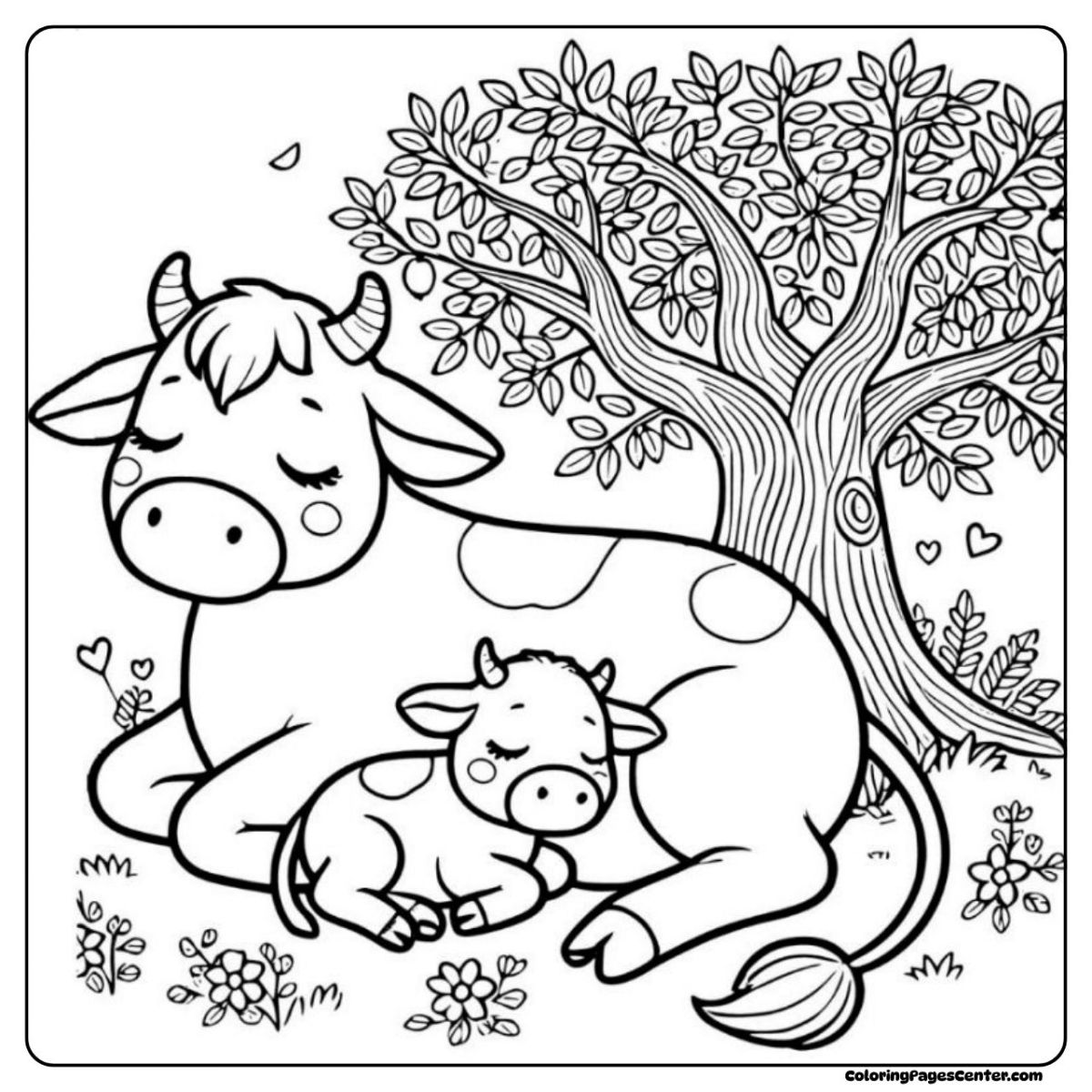 Cow and calf coloring page resting under leafy branches