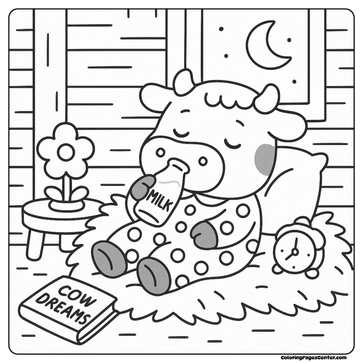 Cute dairy cow picture relaxing with milk on a cozy bed, ready for sleep