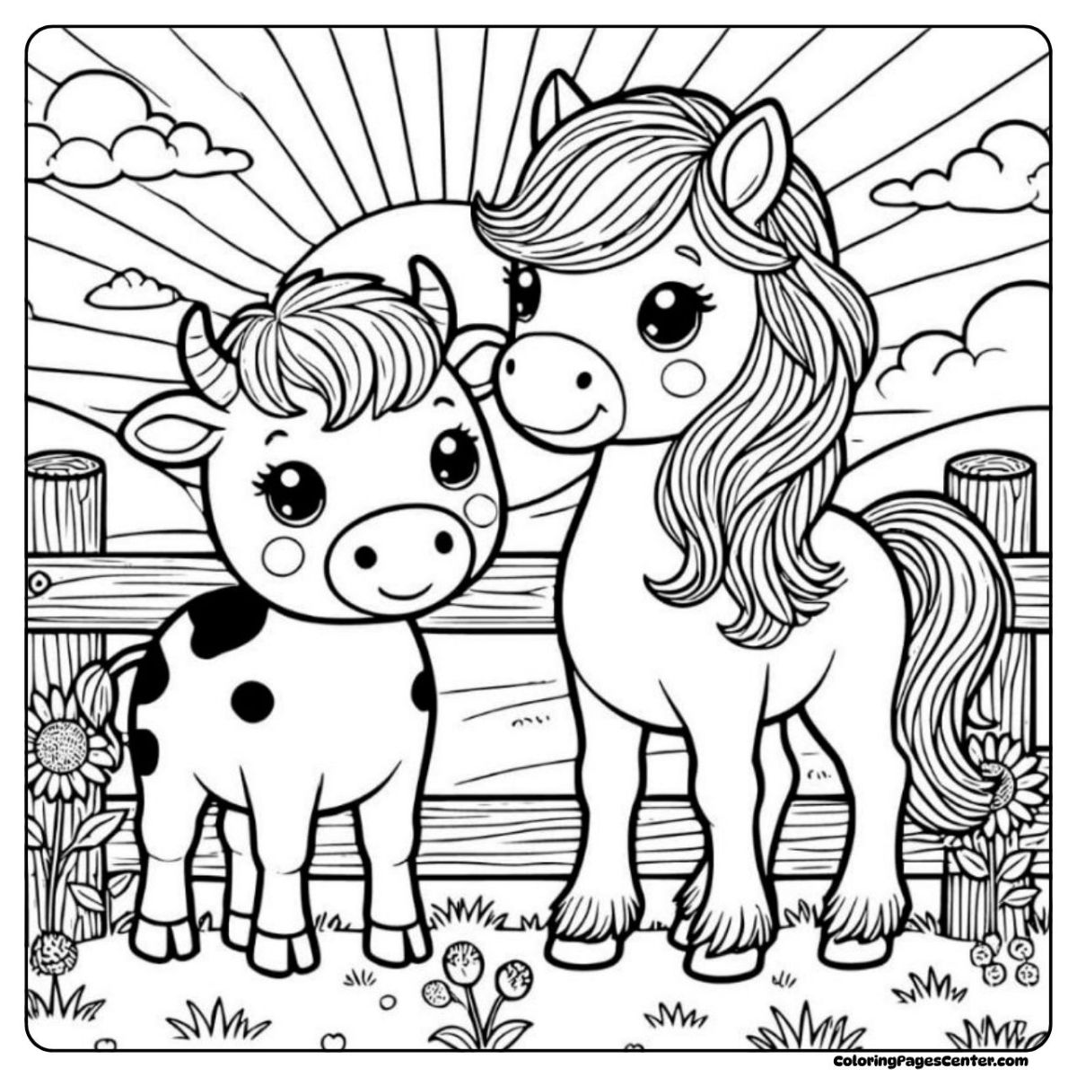 Fun horse and cow coloring sheet with cowboy and open prairie